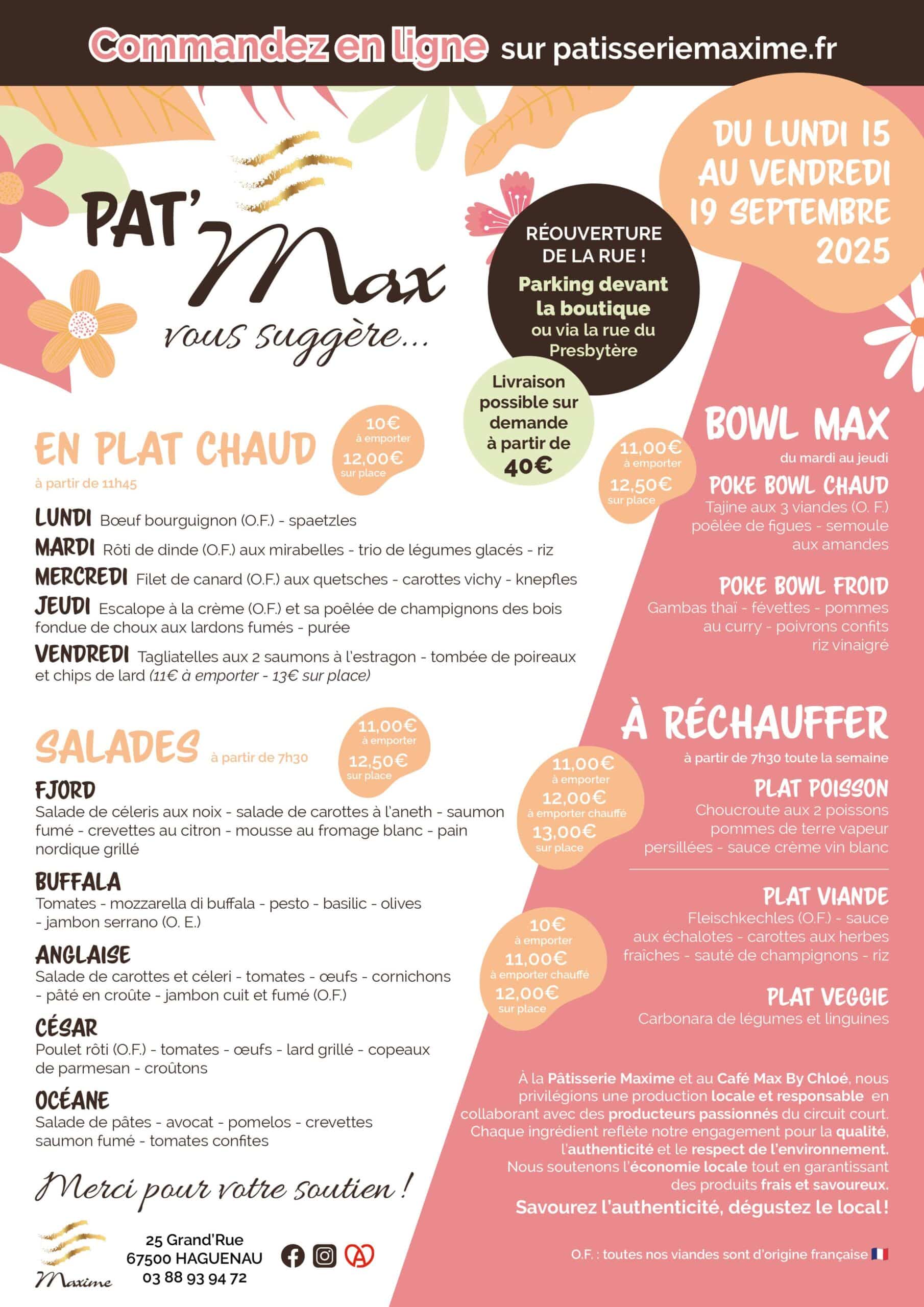 Suggestions de la semaine Pâtisserie Maxime - Semaine 38