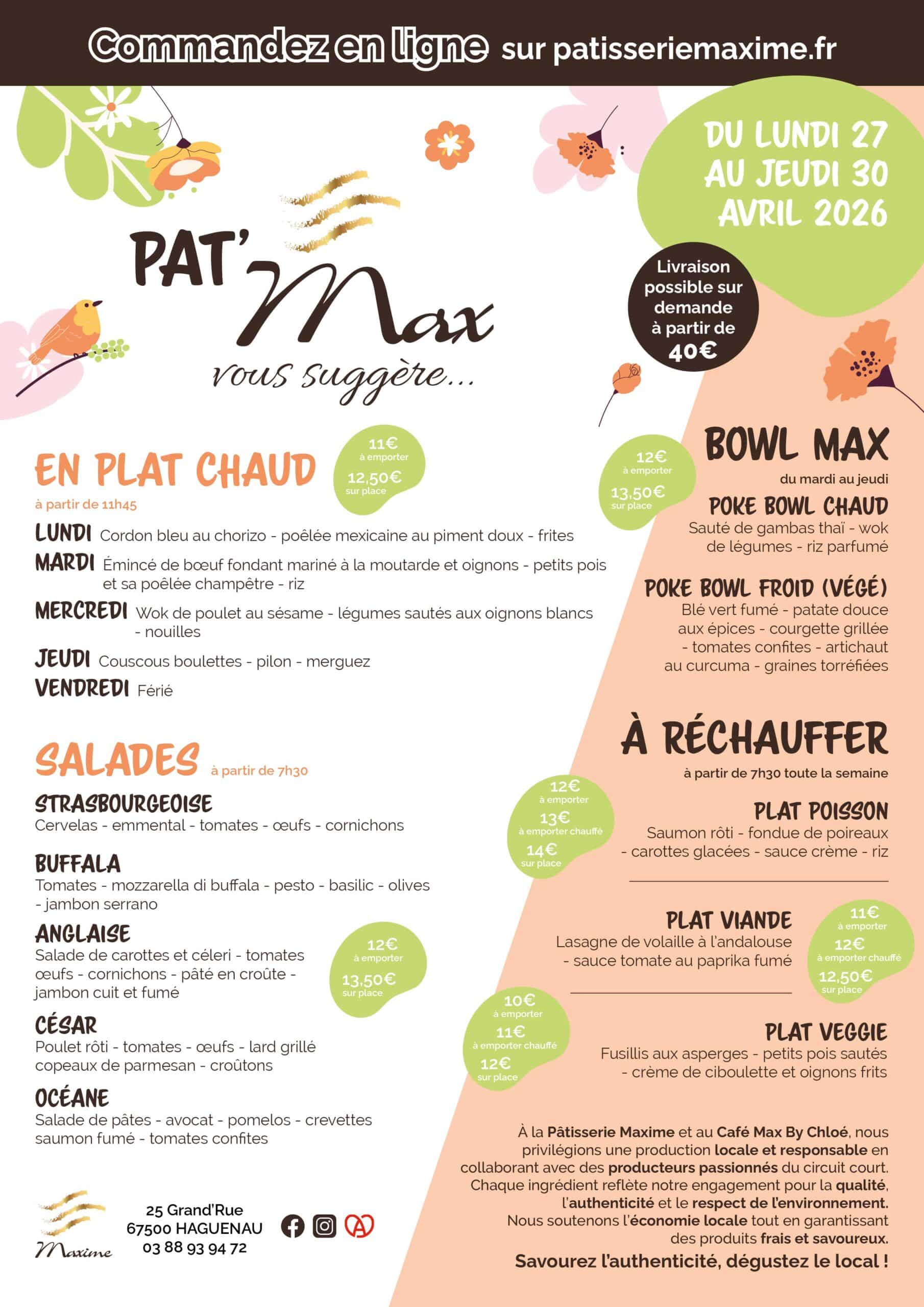 Suggestions de la semaine Pâtisserie Maxime - Semaine 18