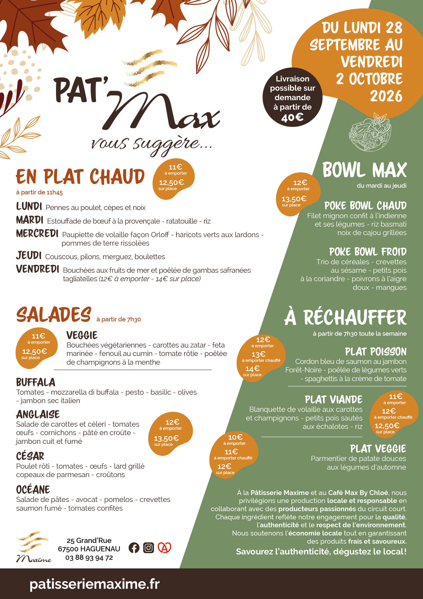 Suggestions de la semaine Pâtisserie Maxime - Semaine 40